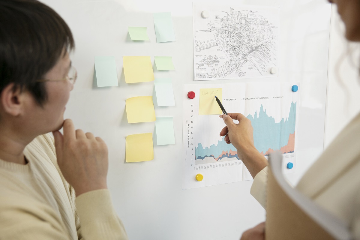 Homem e mulher analisando post-its colados em quadro branco em local de trabalho